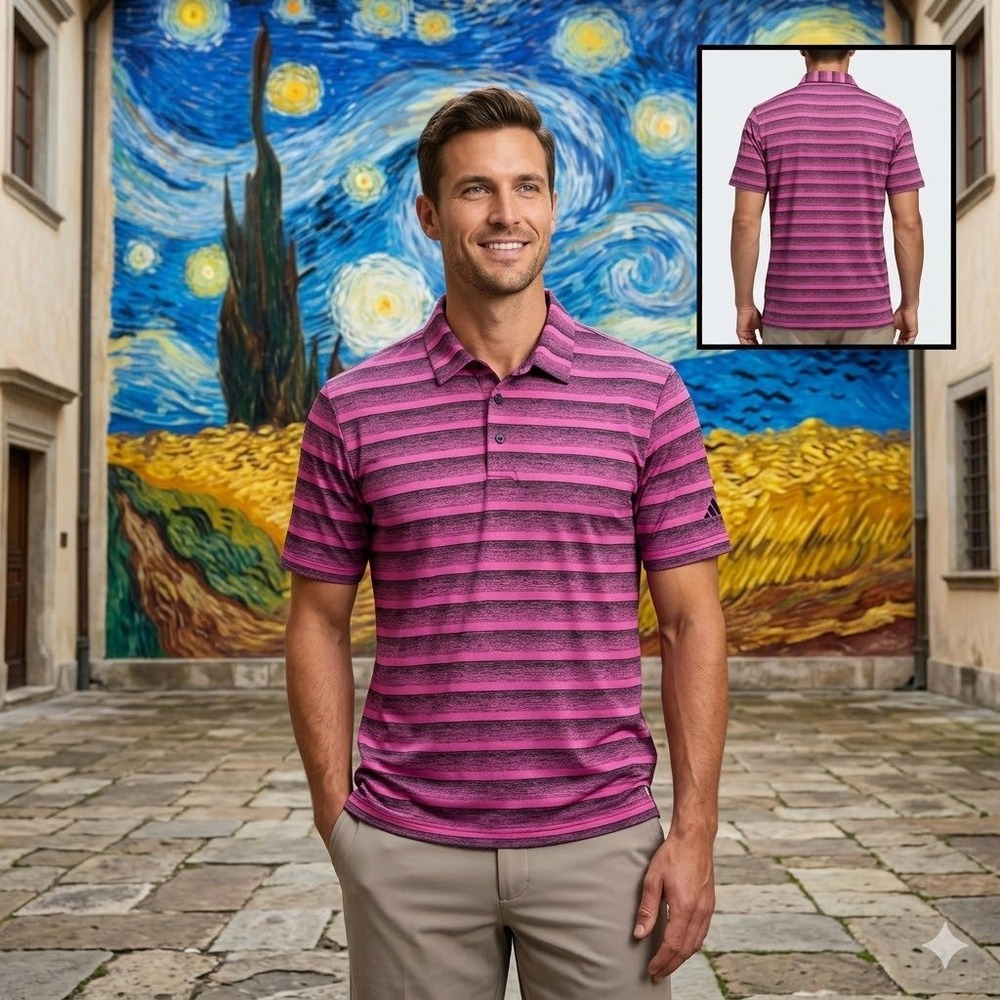 Adidas Mens‎ HR8011 Pink Black Striped Performance Golf Polo Shirt Size L